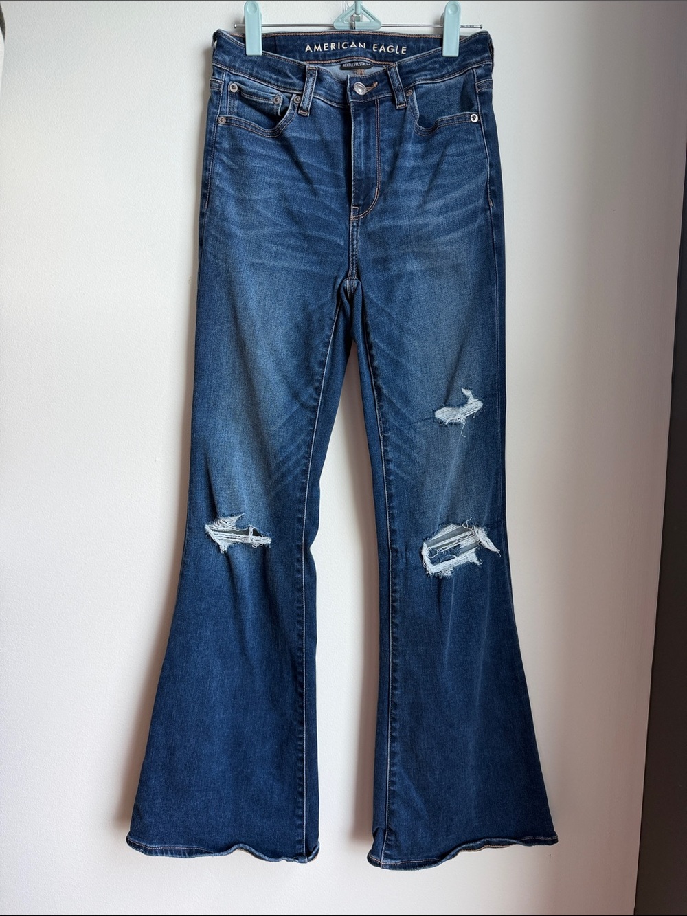 American Eagle Outfitters Dark Blue Distressed super high rise Flare Jeans